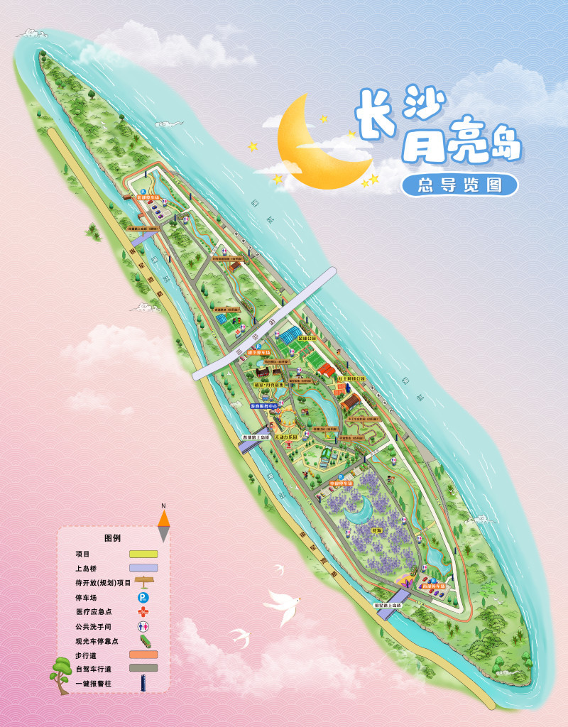 园区2025年5月发布的月亮岛总导览原图，包含停车、厕所、服务中心等设施。